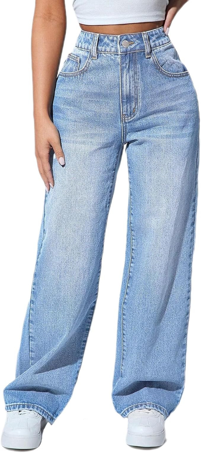 Straight Leg Jeans for Women High Waisted Stretchy Wide Leg Boyfriend Jeans Denim Pants | Amazon (US)