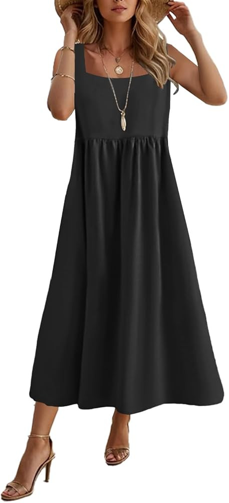 SAUKOLE Womens Summer Square Neck Sleeveless Dress Solid Ruffle A Line Beach Boho Long Maxi Dress... | Amazon (US)