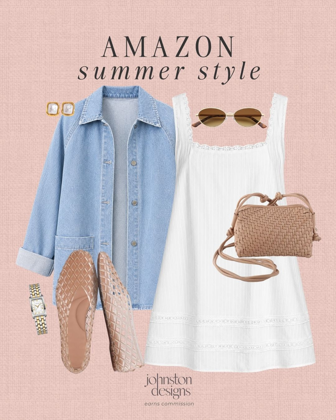 Easy Amazon summer outfit idea 🤍 This white mini dress styled with a denim jacket, woven crossbody, flats, sunglasses, and gold accessories is perfect for vacation, brunch, casual weekends, or a cute daytime look.


Amazon, summer style, white mini dress, denim jacket, woven crossbody, nude flats, gold earrings, sunglasses, two tone watch, vacation outfit, brunch look, casual weekend, daytime dress, feminine fashion, warm weather look, affordable finds, neutral accessories, spring to summer, everyday outfit, cute dress outfit 

 #LTKootd #LTKSeasonal