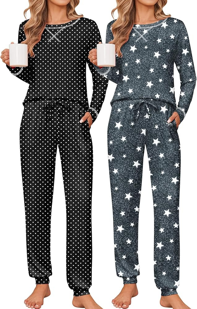 Ekouaer 2 Pack Pajama Sets for Womens Jogger Pants Pjs Long Sleeves Lounge Set Soft Sleepwear wit... | Amazon (US)