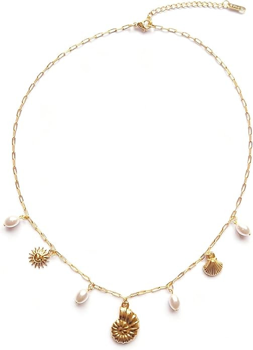 Charm Necklace for Women - Dainty Paperclip Beach Charm Necklace Cute Shell Necklace Moon Star Ac... | Amazon (US)