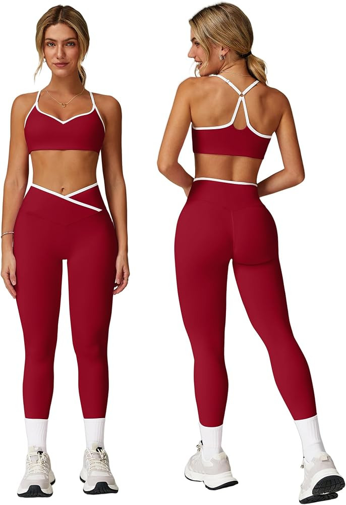 ABOCIW Workout Sets for Women 2 Piece Color Block Strappy Sports Bra High Waist Shorts Gym Yoga P... | Amazon (US)