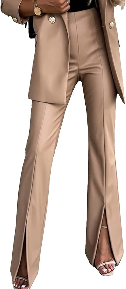 SEMATOMALA Women's Faux Leather Slit Hem Flare Pants High Waisted Full Length Sexy Elegant Bell B... | Amazon (US)