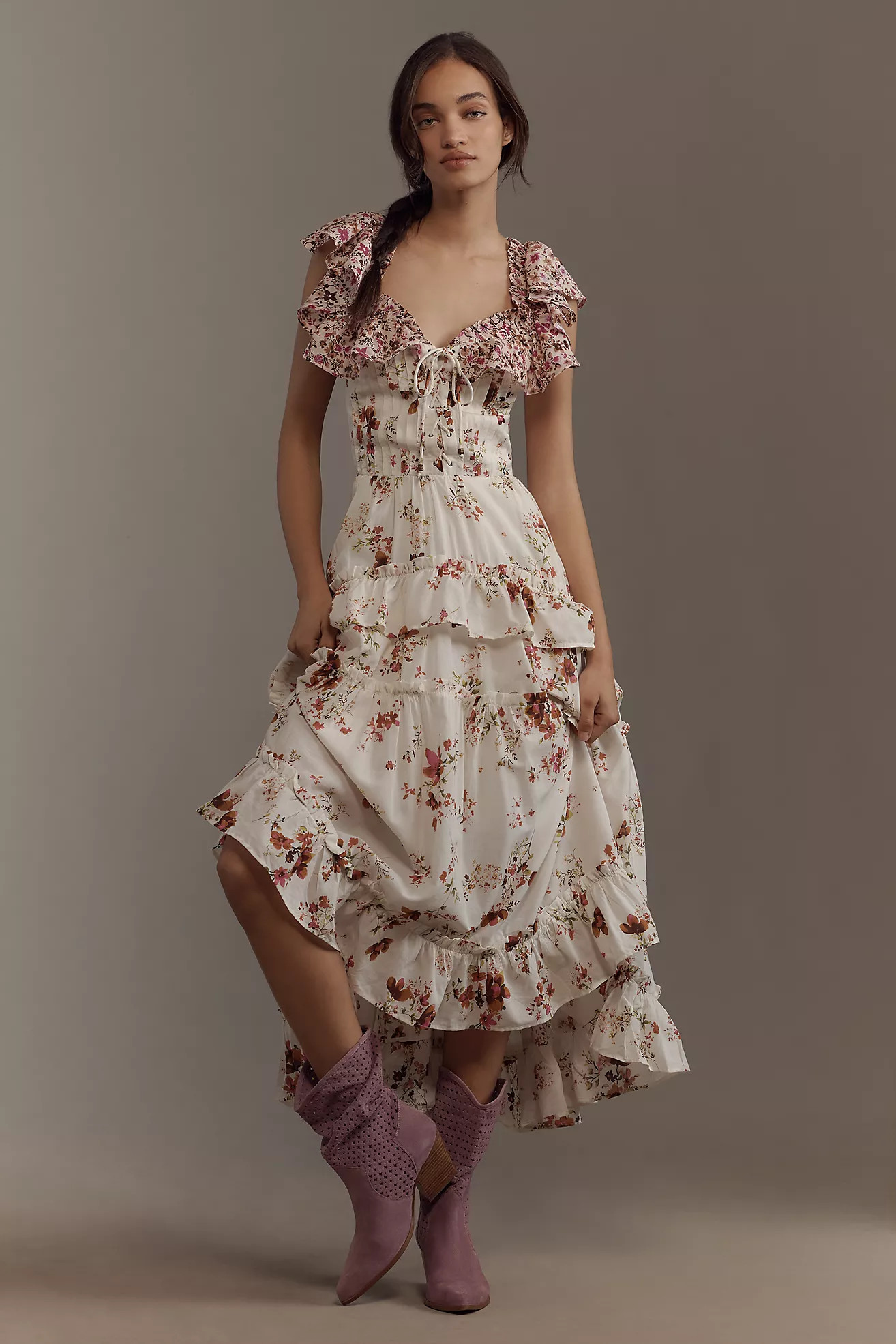 Maeve Ruffle-Sleeve V-Neck Lace-Up Midi Dress | Anthropologie (US)