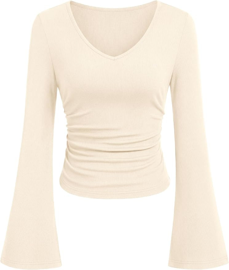 PRETTYGARDEN Women's Fall Trendy Bell Long Sleeve Tops | Soft Stretchy,Ribbed Textured,V Neck,Sli... | Amazon (US)