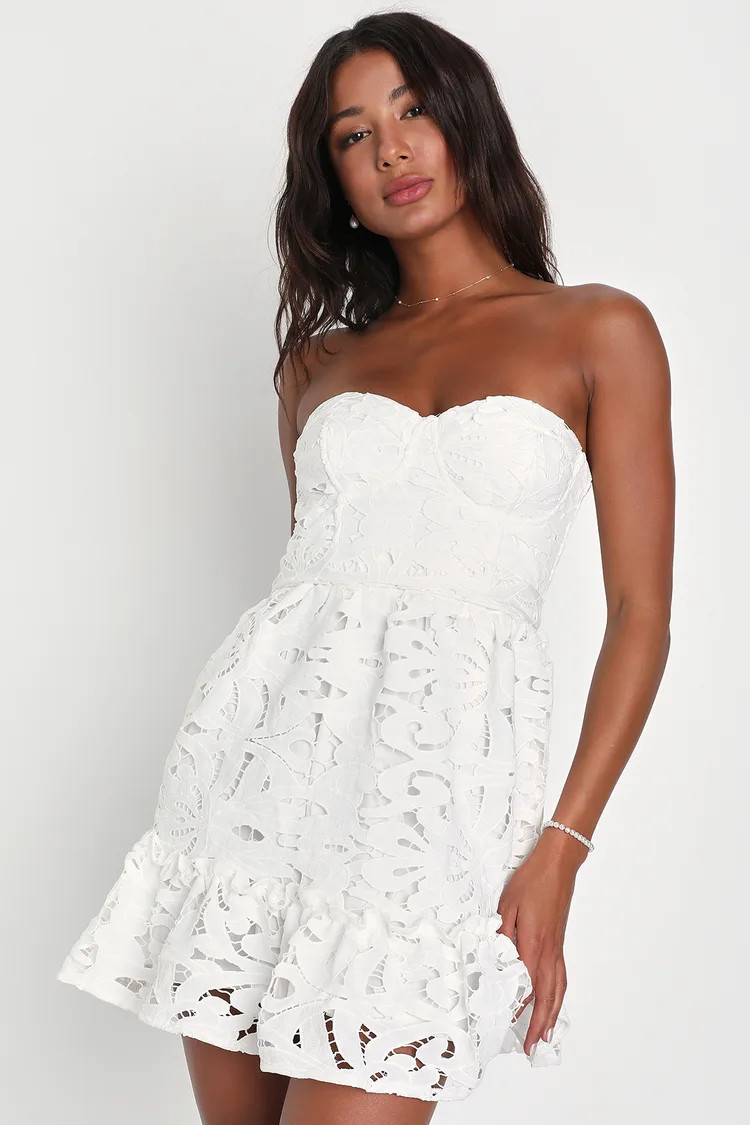Majorly Cute White Crochet Lace Strapless Bustier Mini Dress | Lulus
