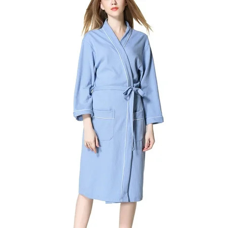 SWSMCLT Women's Waffle Robes Lightweight Long Sleeve Knit Knitted Wave Mid Length Bathrobe Belted Spa Robe with Pocket Sleepwear Tie Up Pure Light Blue Medium | Walmart (US)