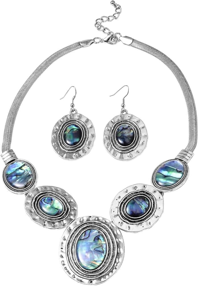 Shop LC Abalone Shell Necklace & Earrings Set in Stainless Steel - Genuine Handmade Abalone Boho ... | Amazon (US)