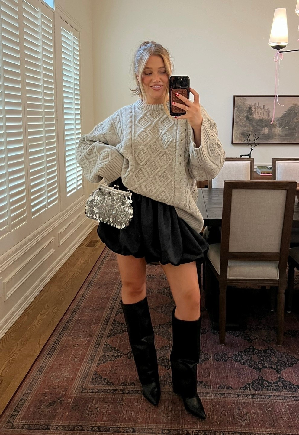 Grey oversized sweater and black bubble skirt, tall boots and a shimmery bag for the holidays! Linked similar! 

#bubbleskirt #blackboots #holidaystyle #holidayoutfit #holiday 

#LTKSeasonal #LTKHoliday