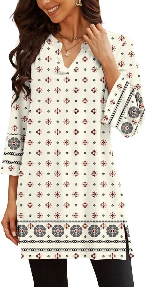 Poetsky Womens Tunic Tops 3/4 Bell Sleeve Loose Fit Tunics Dressy Casual Side Split Flare Top for... | Amazon (US)