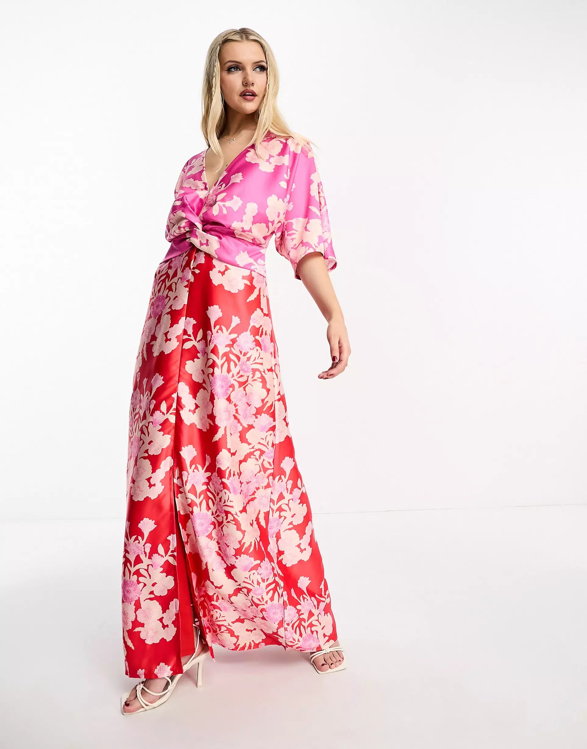Hope & Ivy kimono sleeve contrast floral maxi dress in pink and red | ASOS (Global)