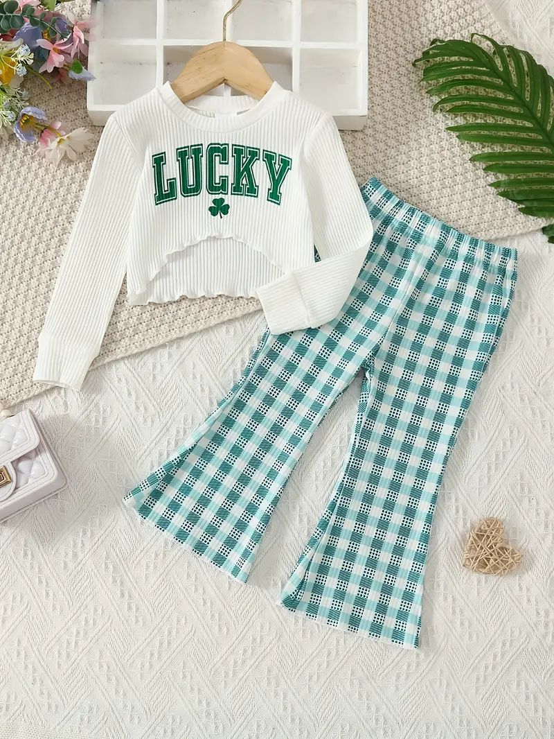 2pcs Toddler Girls LUCKY  Graphic Cropped Top + Plaid Flare Pants Set For Spring Fall Christmas S... | Temu Affiliate Program