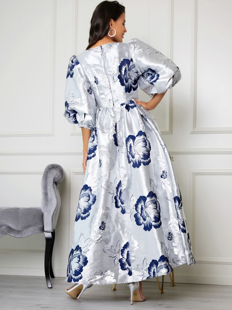 SHEIN Square Neck Puff Sleeve Floral Jacquard Satin Dress | SHEIN