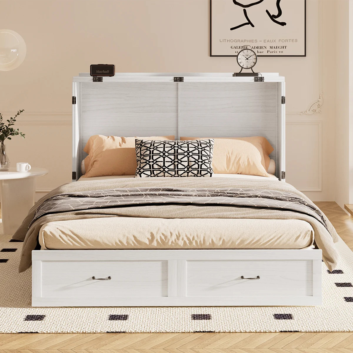 Queen Murphy Bed Cabinet with Built-in Charging Station & Drawers, White | Wayfair North America