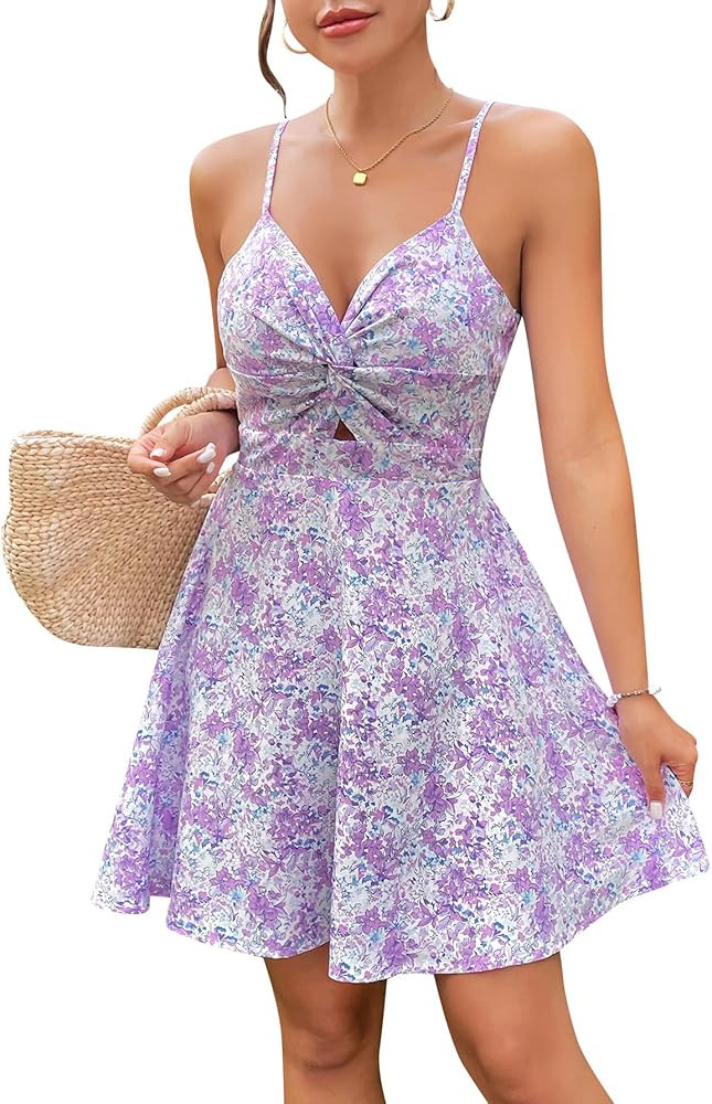 Floerns Women's Boho Floral Print Twist Front Cami A Line Mini Dress | Amazon (US)