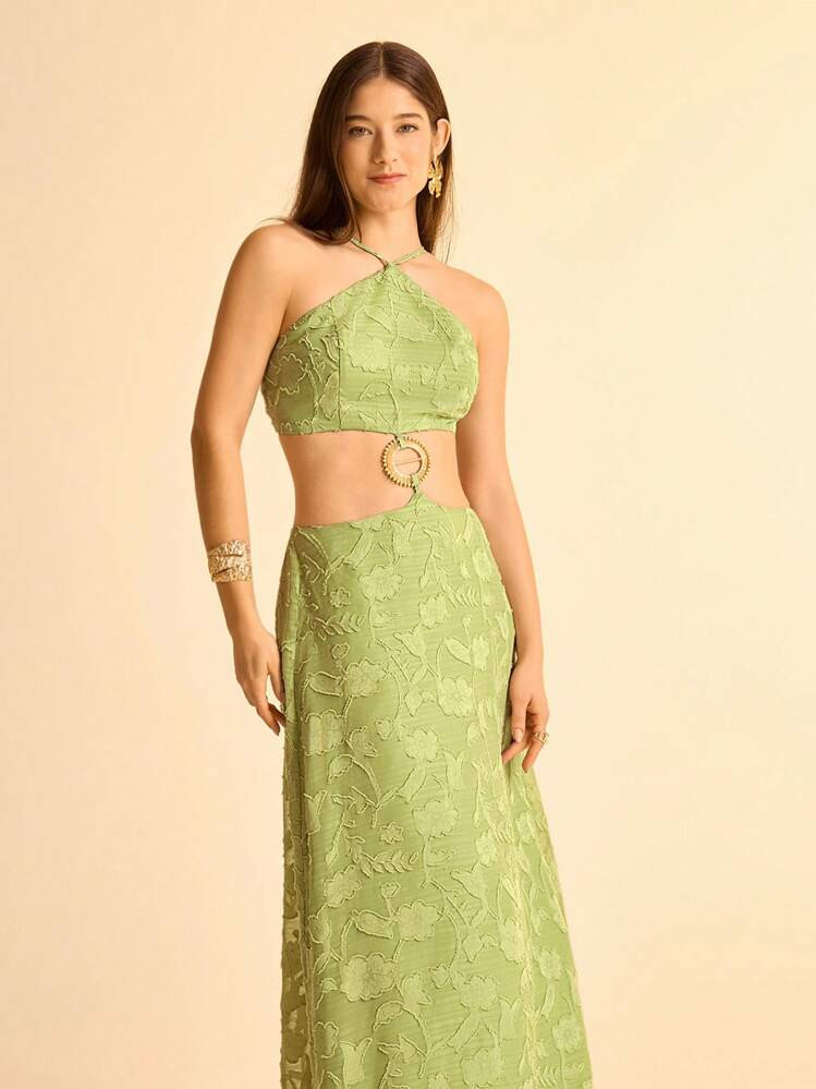 CAJUNI Women's Resort Green Woven Textured 3D Floral Chiffon Fabric Halter Open Back Splicing Metal Accents Elegant Long Dress For Vacation And Occasions | SHEIN