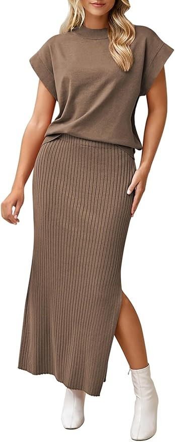 Pink Queen Women's 2 Piece Sweater Outfits Set Summer Cap Sleeve Tops Bodycon Maxi Long Skirt Kni... | Amazon (US)