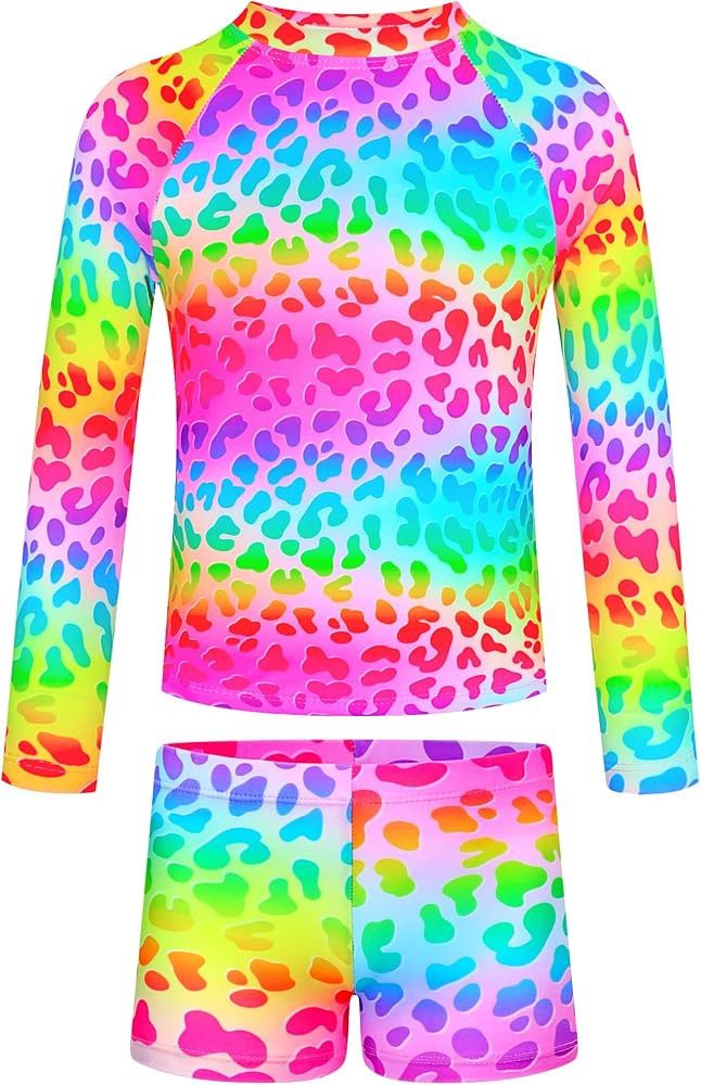 TENVDA Girls Rash Guard Swimsuit Long Sleeve Bathing Suits with Shorts for 3-12 Years Old Kids | Amazon (US)