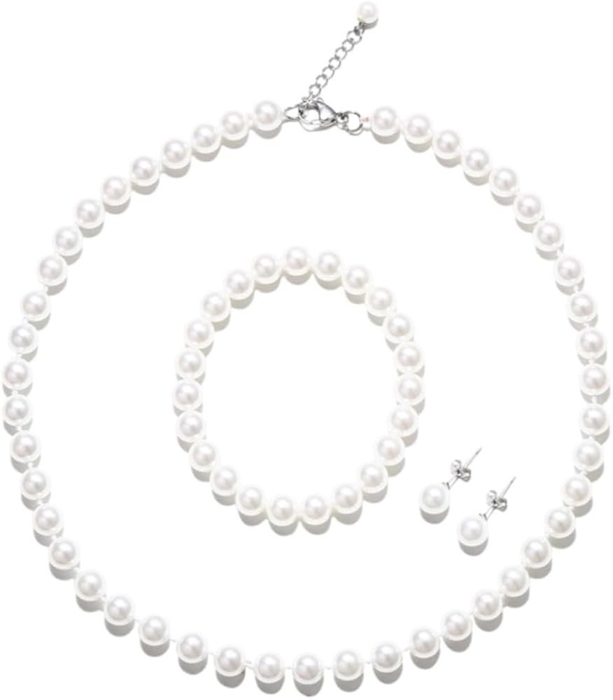 White 8mm Faux Hand Knotted Glass Imitation Pearls Necklace Earring Jewelry 3 Set for Women and G... | Amazon (US)