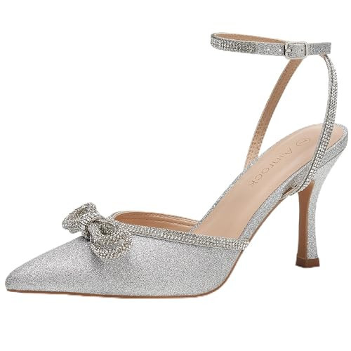 Ainrock Women's Rhinestone Bow Heels Sparkly Wedding Closed Pointed Toe High Sexy Glitter Stiletto Bridal Dress Heels Silver Size 9.5 | Amazon (US)