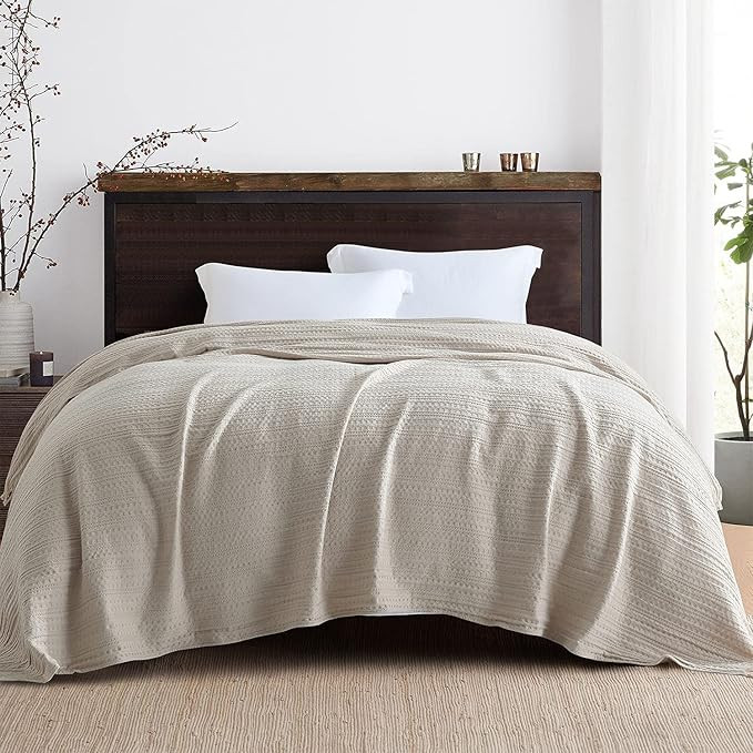 100% Cotton King Size Bed Blanket, Waffle Woven Beige Decorative Blanket with Fringe, Rustic Pre-... | Amazon (US)