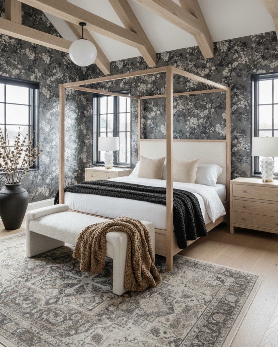 Bedroom Refresh : Shop The Look.
• Canopy bed frame in light oak
• Upholstered headboard bed
• Charcoal botanical wallpaper
• Oak bedroom nightstands
• Neutral area rug for bedroom
• Fluted leg upholstered bench
• Ceramic bedside table lamps
• Cozy chunky knit throw blanket
• Black woven throw blanket
• Natural wood ceiling beams decor
• Modern home decor accents
• Neutral bedroom decor accessories

#LTKhome #LTKsale #LTKstyletip