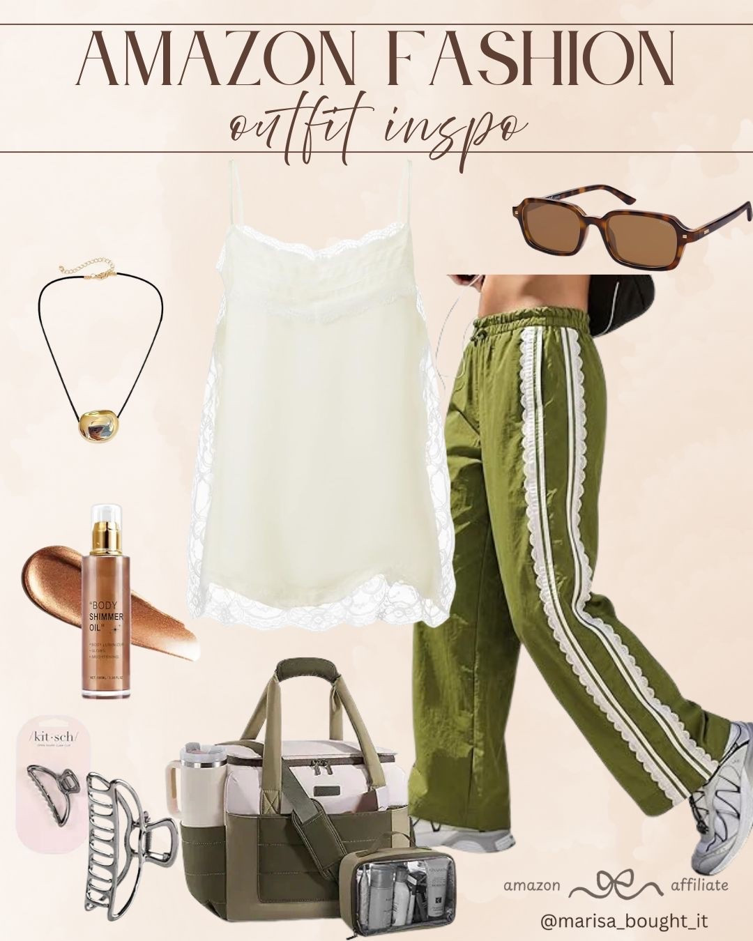 I am loving this effortless mashup of sporty and feminine vibes. Styling a delicate, lace-trimmed white cami with olive green track pants featuring contrast side lace panels creates a unique, casual outfit. ✨

I finished this look with comfy sneakers, a versatile duffel bag set, sleek sunglasses, a gold pendant necklace, claw clips, and some glowing body shimmer oil.

#liketk #ltkstyletip #ltkunder50 #ltksummer #amazonfashion #amazonootd #sportychic #streetstyle #casualootd #everydayoutfit #summerfashion #loungewear

#LTKootd #LTKSeasonal
