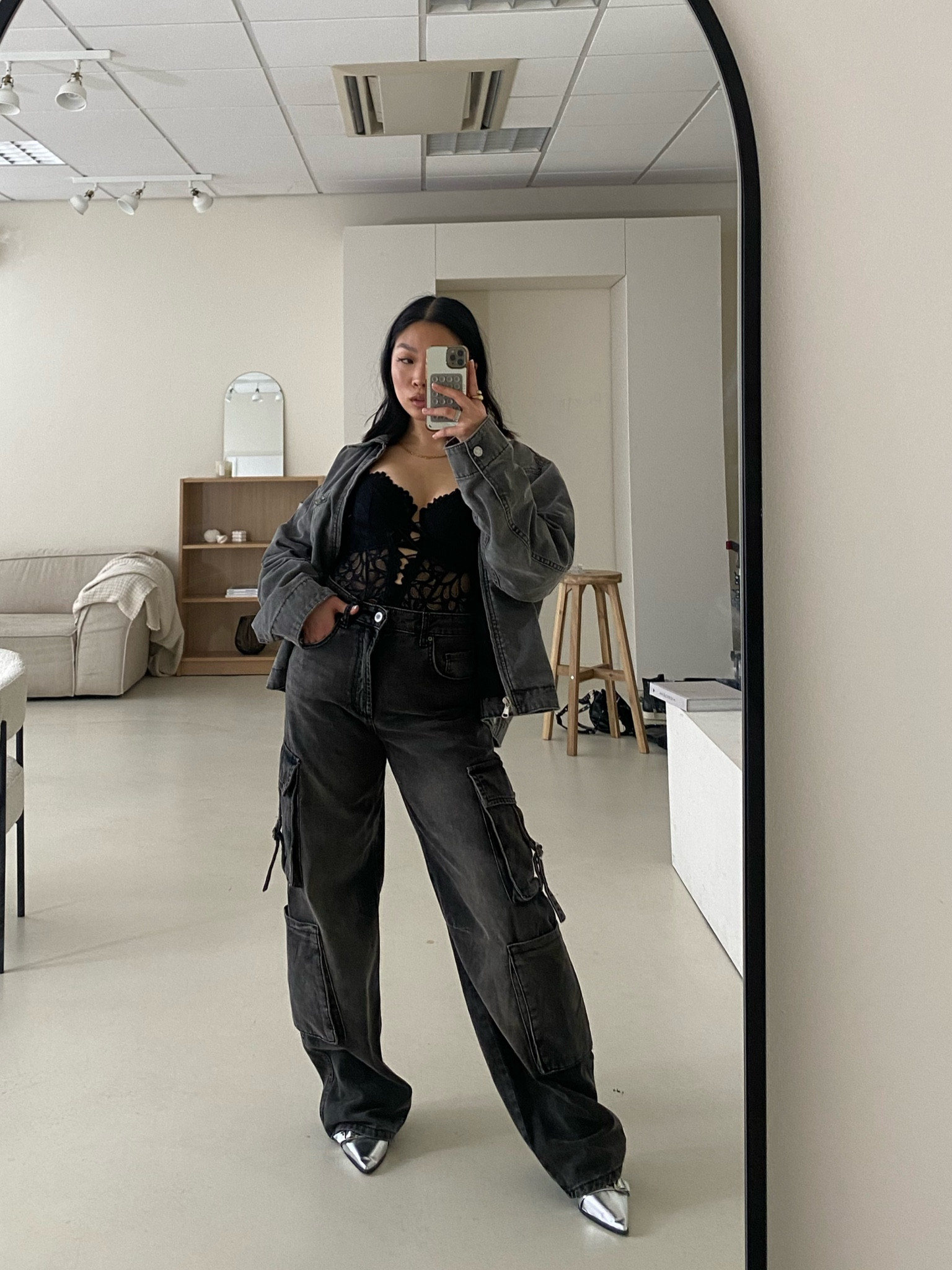 Baggy cargo, denim jacket, lace top, silver chrome heels 

#LTKsalealert #LTKFestival