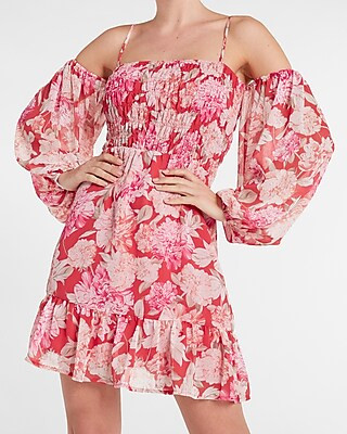 Floral Print Chiffon Off The Shoulder Smocked Mini Dress | Express