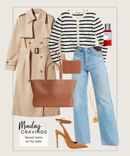 Monday Cravings for the last Monday in February! This sweater and jean pairing is perfect for the Spring transition. 

spring outfit l jeans outfit l trench coat l trench tan l jeans l sweater l striped sweater l tan heels l purse 