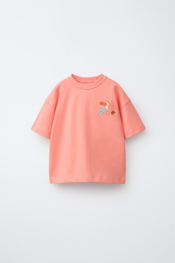 Zara - Embroidered Beach T-Shirt - Red / Coral - 3 Years (98 Cm) - Kids | Zara UK