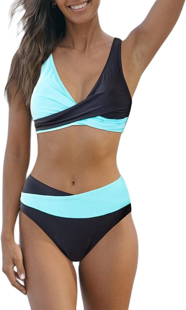 Hilinker Women's Leopard Bikini Swimsuits V Neck High Waisted 2 Piece Bathing Suits | Amazon (US)