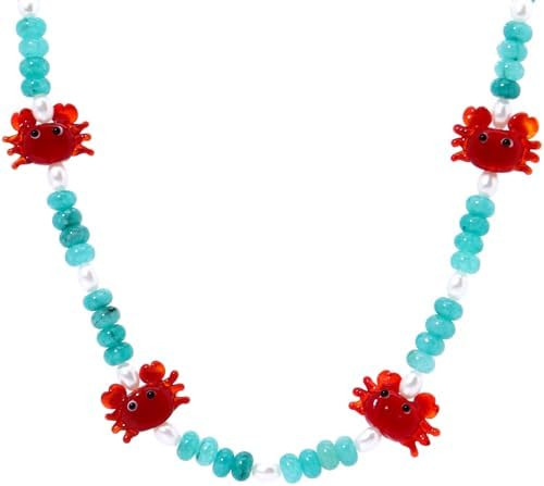 Crab Beaded Gemstone Necklace for Women, Colorful Boho Gemstone Beaded Choker Necklace Freshwater... | Amazon (US)