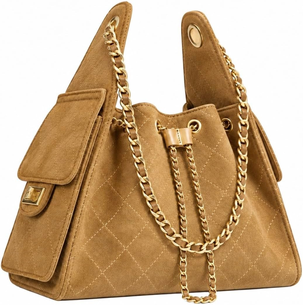 Women’s Quilted Drawstring Shoulder Bag - Designer Style Bucket Bag - Chain Strap Hobo Handbag - Luxury Tote Bag | Amazon (US)