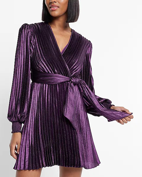 Metallic Faux Wrap Tie Waist Pleated Mini Dress | Express