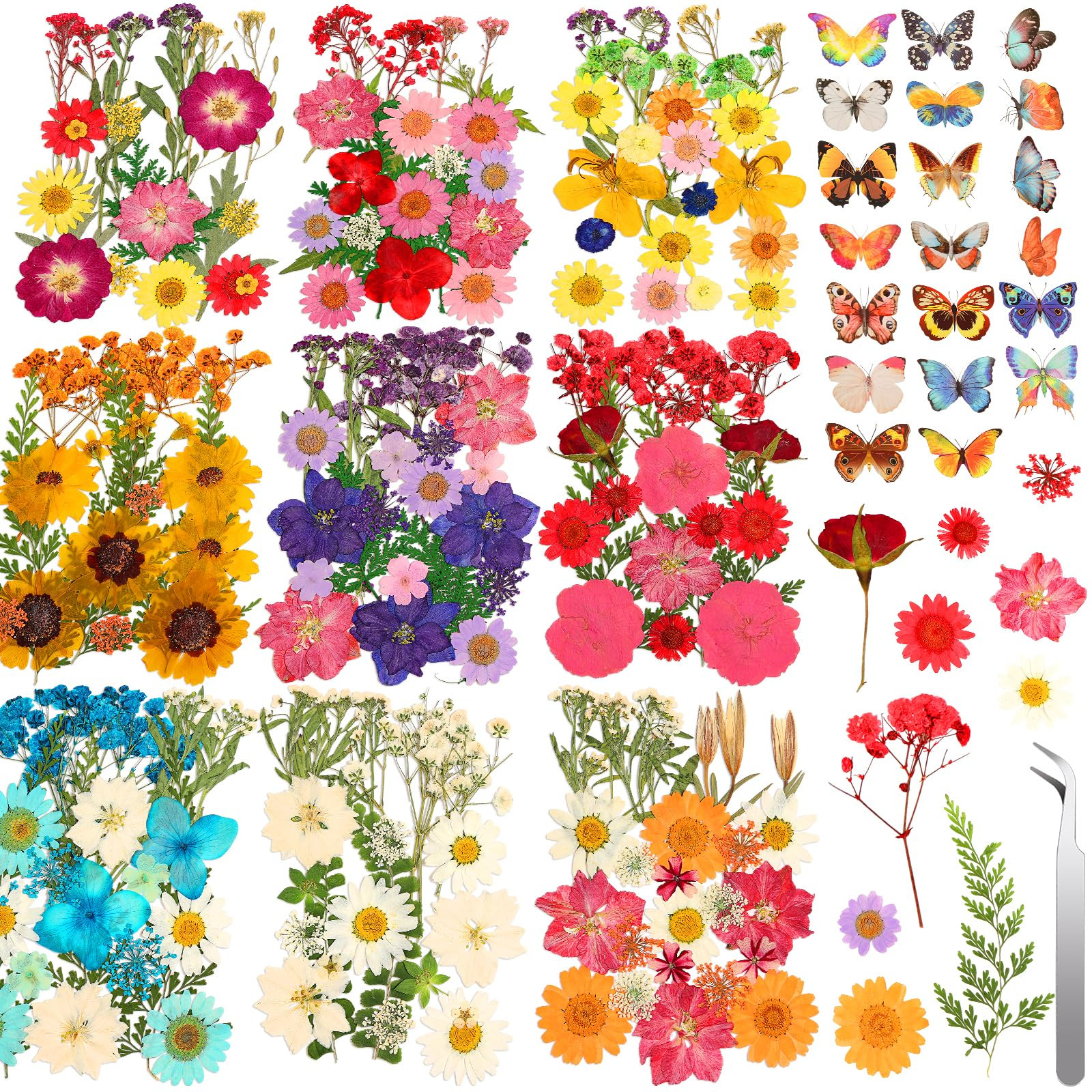 235 Pcs Pressed Dried Flowers for Resin, Natural Real Dried Pressed Flowers for Crafts, Bulk Dry Flowers for Resin Molds, Candles, DIY Art Jewelry Making with Tweezers Butterfly Stickers Set Decorate | Amazon (US)