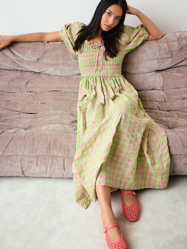 Green/Pink Gingham Puff Sleeve Shirred Midi Dress | Next US