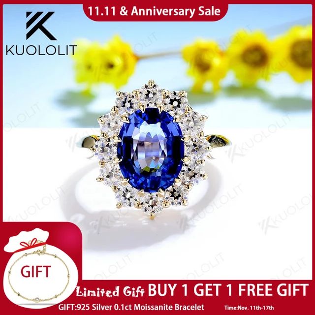 Kuololit Princess Diana 3CT Sapphire Moissanite Ring for Women Solid 14K Yellow Gold Lab-Grown Sa... | AliExpress (US)