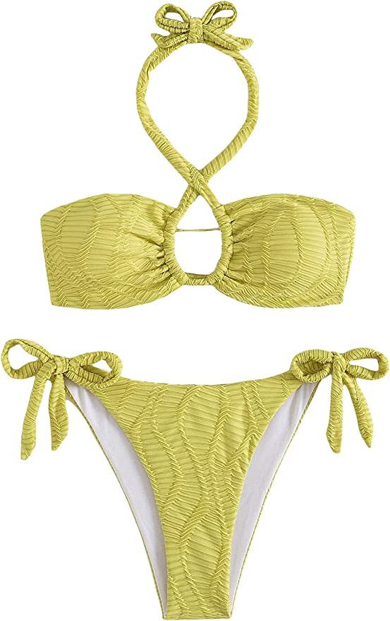 OYOANGLE Women's 2 Piece Bathing Suit Textured Cut Out Halter Tie Side Bikini Swimsuit | Amazon (US)