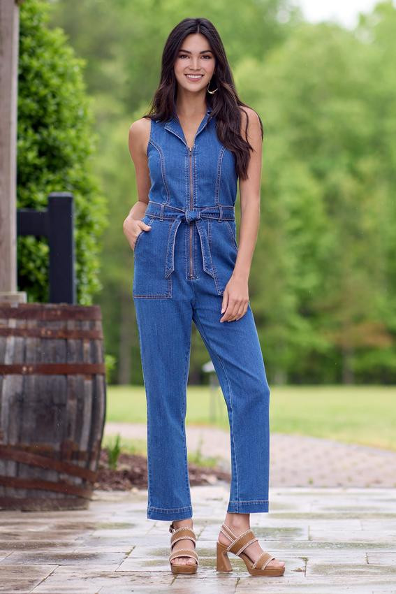 Denim Tie Waist Jumpsuit | Cato Fashions