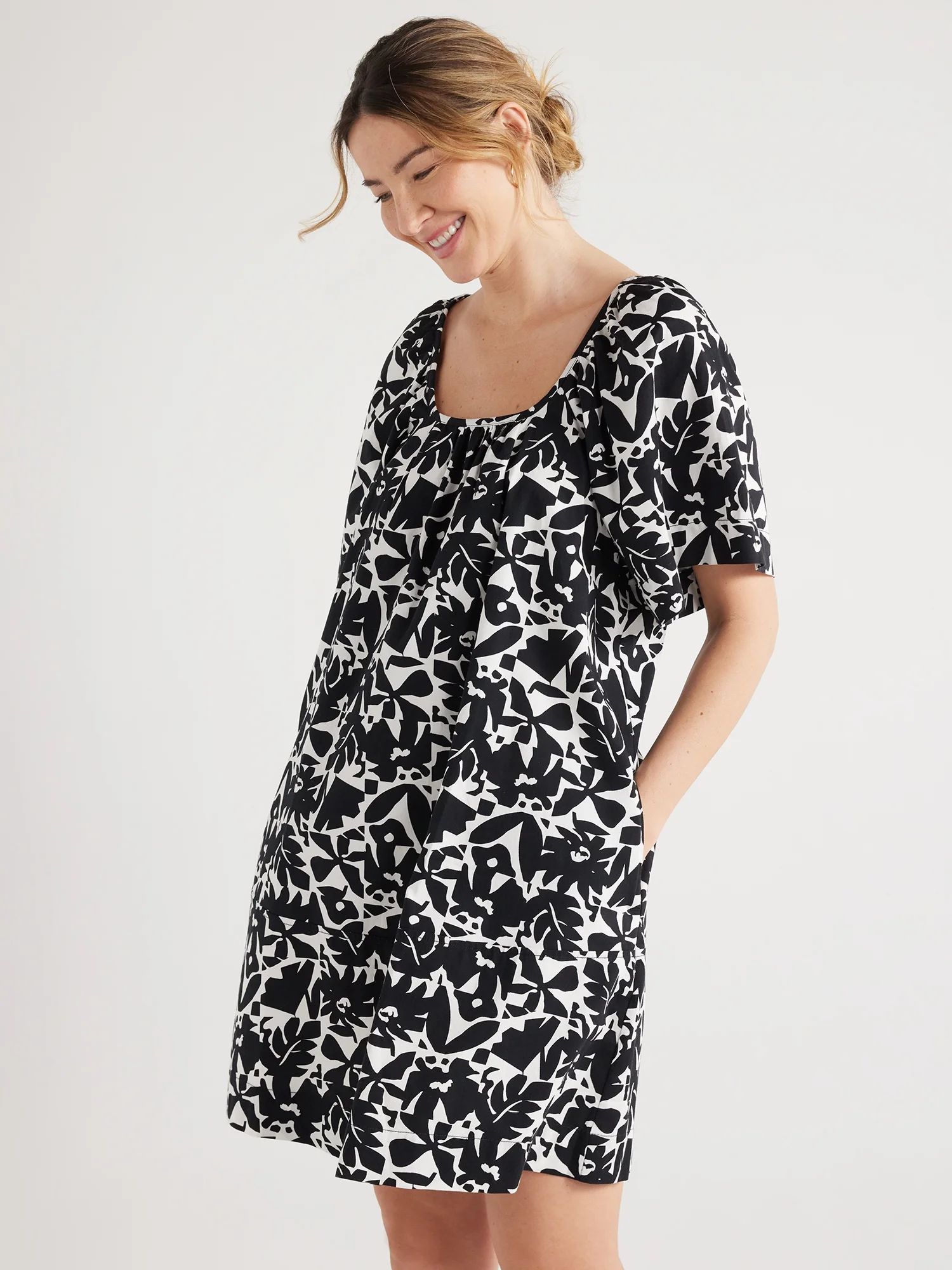 Free Assembly Women's Square Neck Print Mini Dress with Short Sleeves, Sizes XS-XXL | Walmart (US)