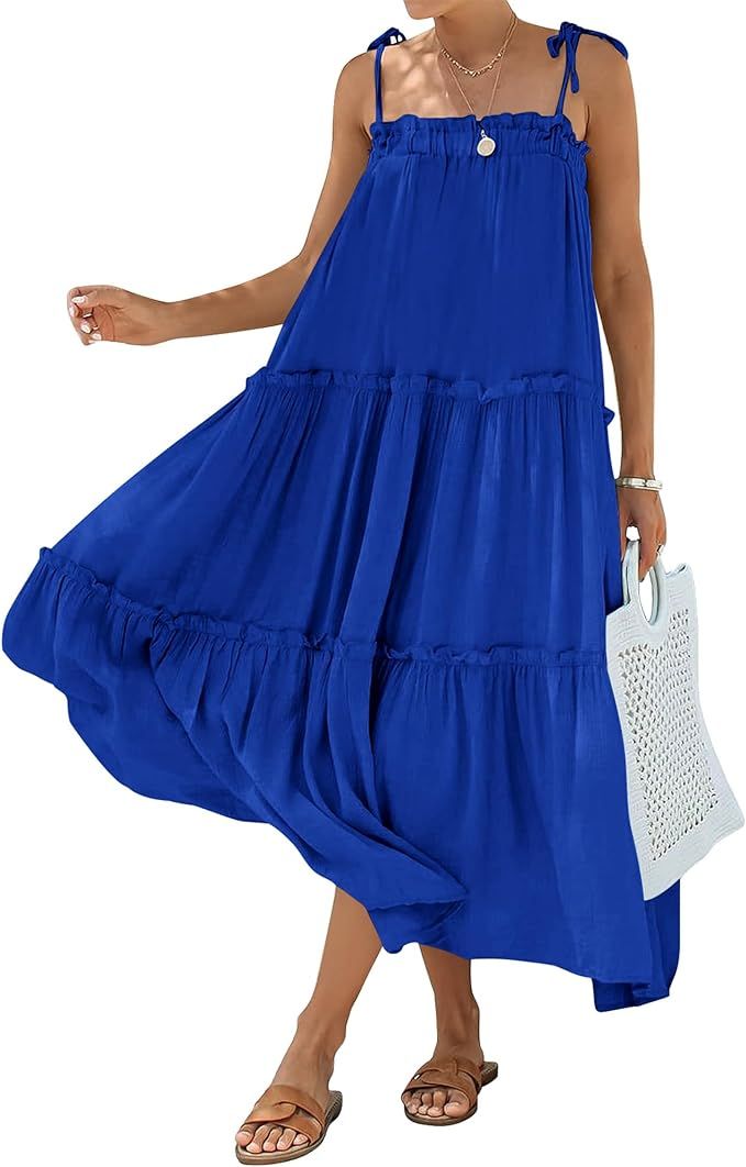 BTFBM Women 2024 Summer Maxi Dresses Sleeveless Spaghetti Strap Casual Sundress Tiered Ruffle Boh... | Amazon (US)