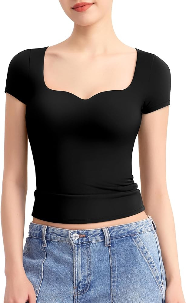 PUMIEY Women's Tops Sweetheart Neck Short Sleeve Going Out Top Cute T Shirts Slim Fitted Sexy Tee... | Amazon (US)