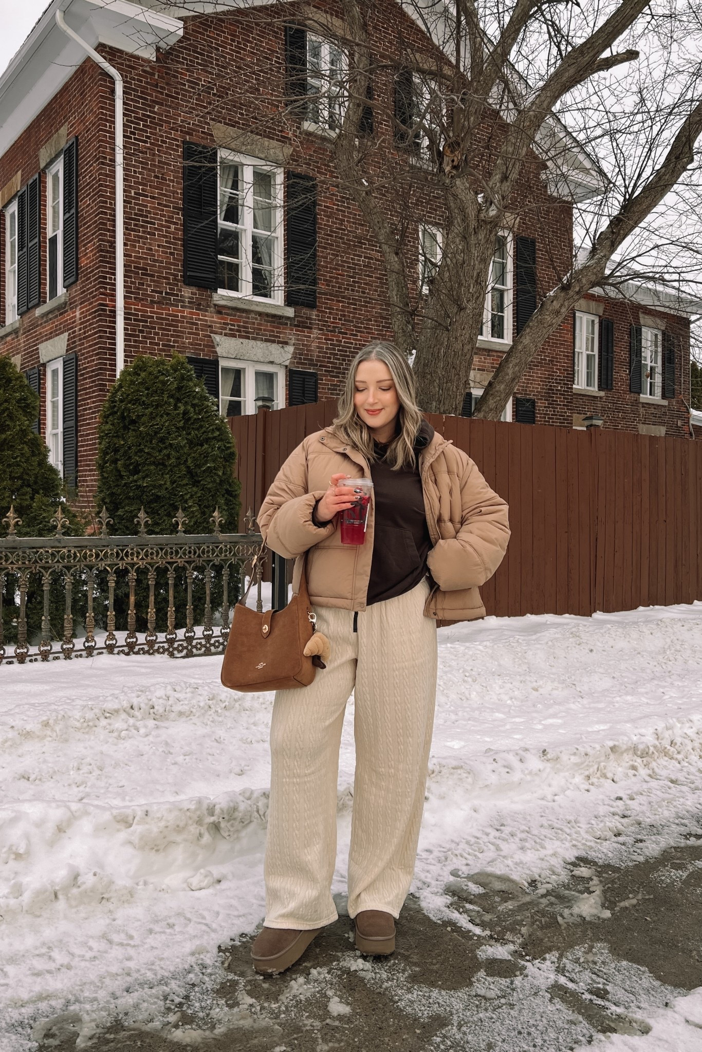 Comfy casual winter outfit! Wearing my usual size L in the cream cable knit wide leg pants and in the tan puffer jacket. Canadian jacket link is under “similar products”. Sized down to M in the chocolate brown hoodie and it’s still oversized, runs quite big! Ugg look for less boots are from Amazon and such good quality, I’m usually a 9.5-10 and wear a 10 in these.

#LTKsale #LTKmidsize #LTKwinter