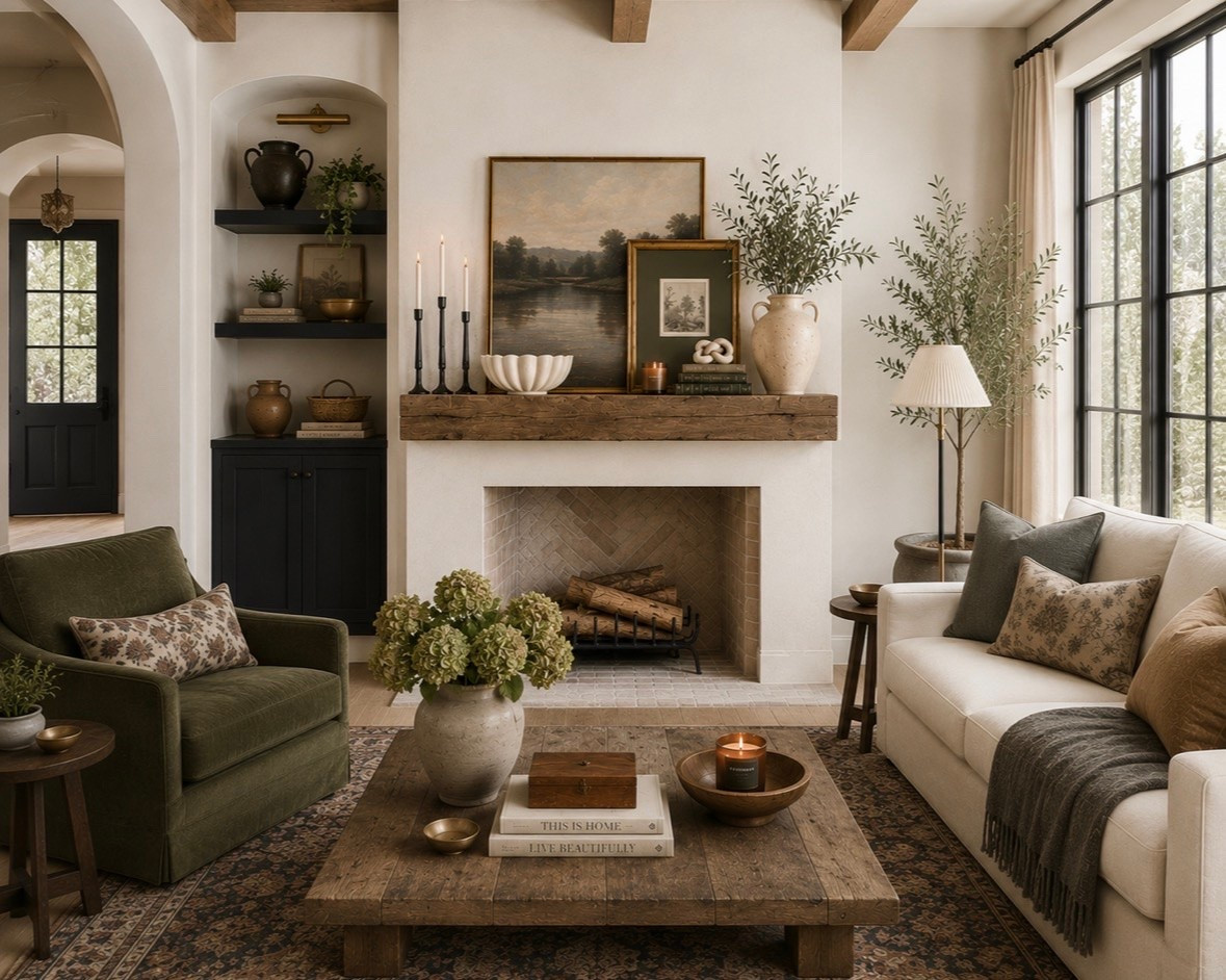 The fun part about putting together these shopping guides is seeing how flexible they really are.

This is a 3D rendering of one of my most popular curated mantel shopping guides, styled in a completely different home than the original design. The room changed, but almost every decor piece stayed the same.

That's intentional.

I try to choose pieces that don't belong to just one decorating style. Layered artwork, vintage books, aged pottery, brass candlesticks, greenery, and natural textures can work just as well in a modern organic home as they do in a cottage, transitional, or traditional space. Instead of decorating for one trend, you're investing in pieces you can move around your home for years.

The exact and similar pieces from this mantel styling guide are linked below.

#LTKHome