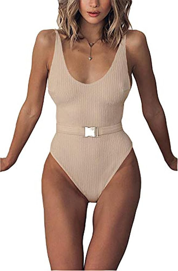 Sexy Womens Monokini Scoop Neck One Piece Backless Cheeky Swimwear Semi Thong Bikini with Belt | Amazon (US)