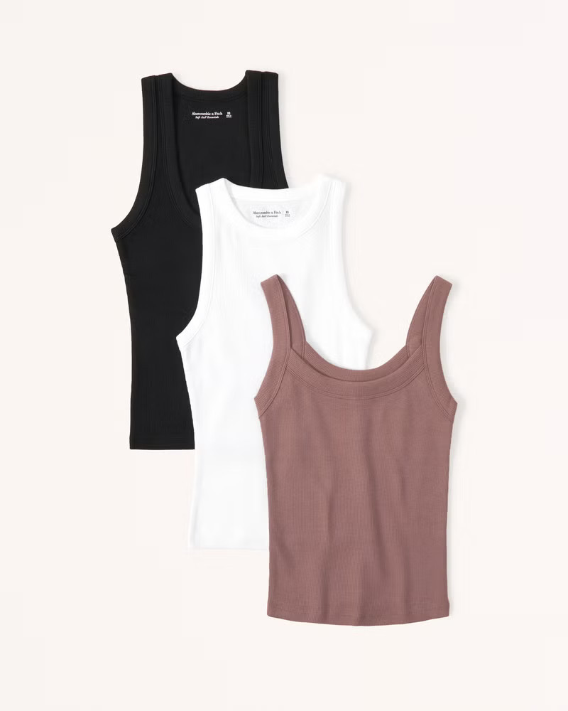 Abercrombie & Fitch Women's 3-Pack Essential Rib Tuckable Tanks in White, Black, Brown - Size XXS | Abercrombie & Fitch (US)