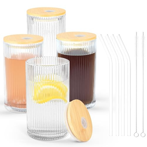 Icesip 14 oz Drinking Glasses Set of 4 with Bamboo Lids Straws Striped Ribbed Glassware Set Vintage Glass Cups Embossed Iced Coffee Cup for Beer Cocktail Beverage(Ribbed) | Amazon (US)