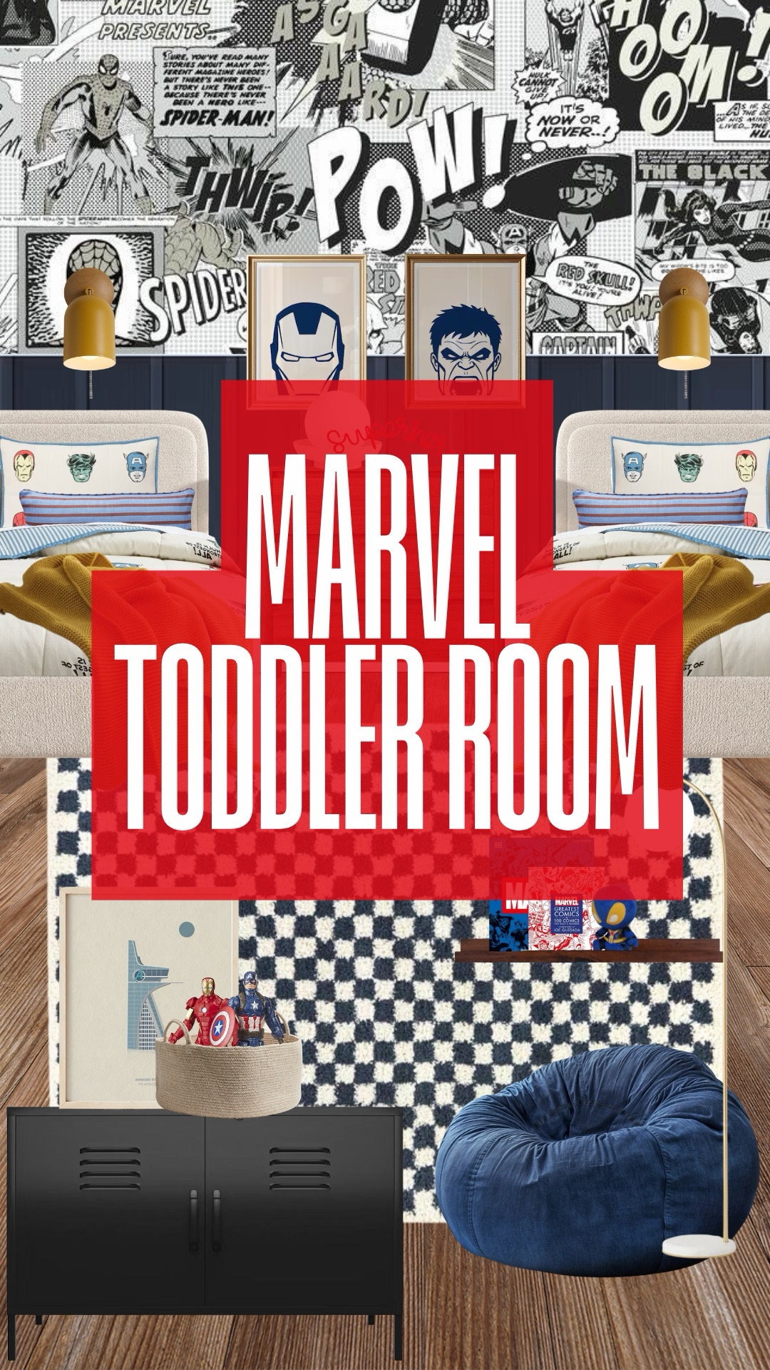 Marvel toddler room ideas 🕷️✨

If your toddler is obsessed with Marvel, this room is all about creating a space that reflects what they love while still feeling thoughtful, cozy, and livable.

We layered in subtle superhero details through bedding, color, and decor, while keeping the foundation neutral with upholstered beds, navy paneling, and a checkered rug. I also added a locker for toy and book storage, plus a small reading corner to make the space functional for everyday life.

#LTKBaby #LTKKids #LTKHome