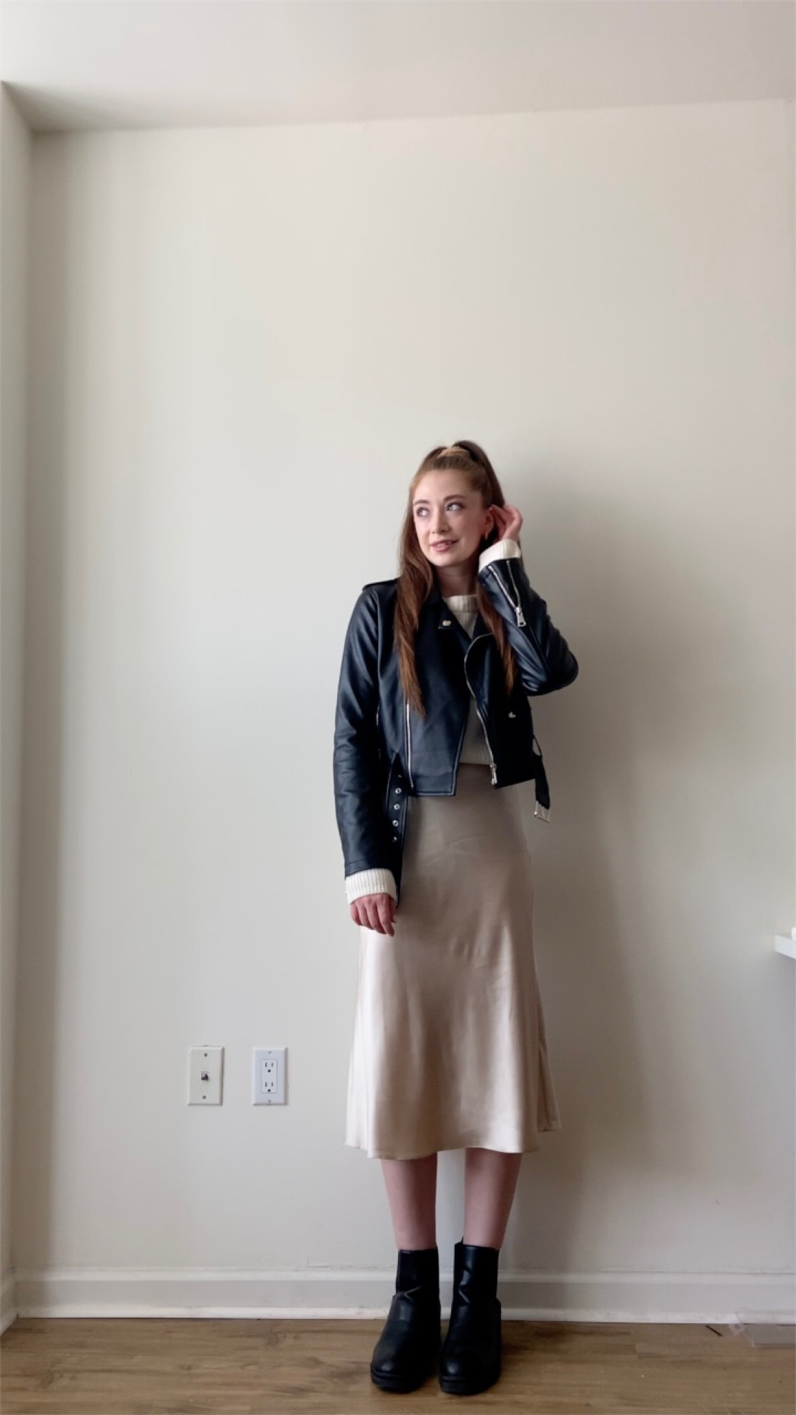 Fall outfit inspiration 🎃🍂 I’m wearing a black faux leather jacket, cream colored cashmere sweater, cream colored silk midi skirt, and black Chelsea boots. 

#LTKSeasonal #LTKunder50 #LTKBacktoSchool